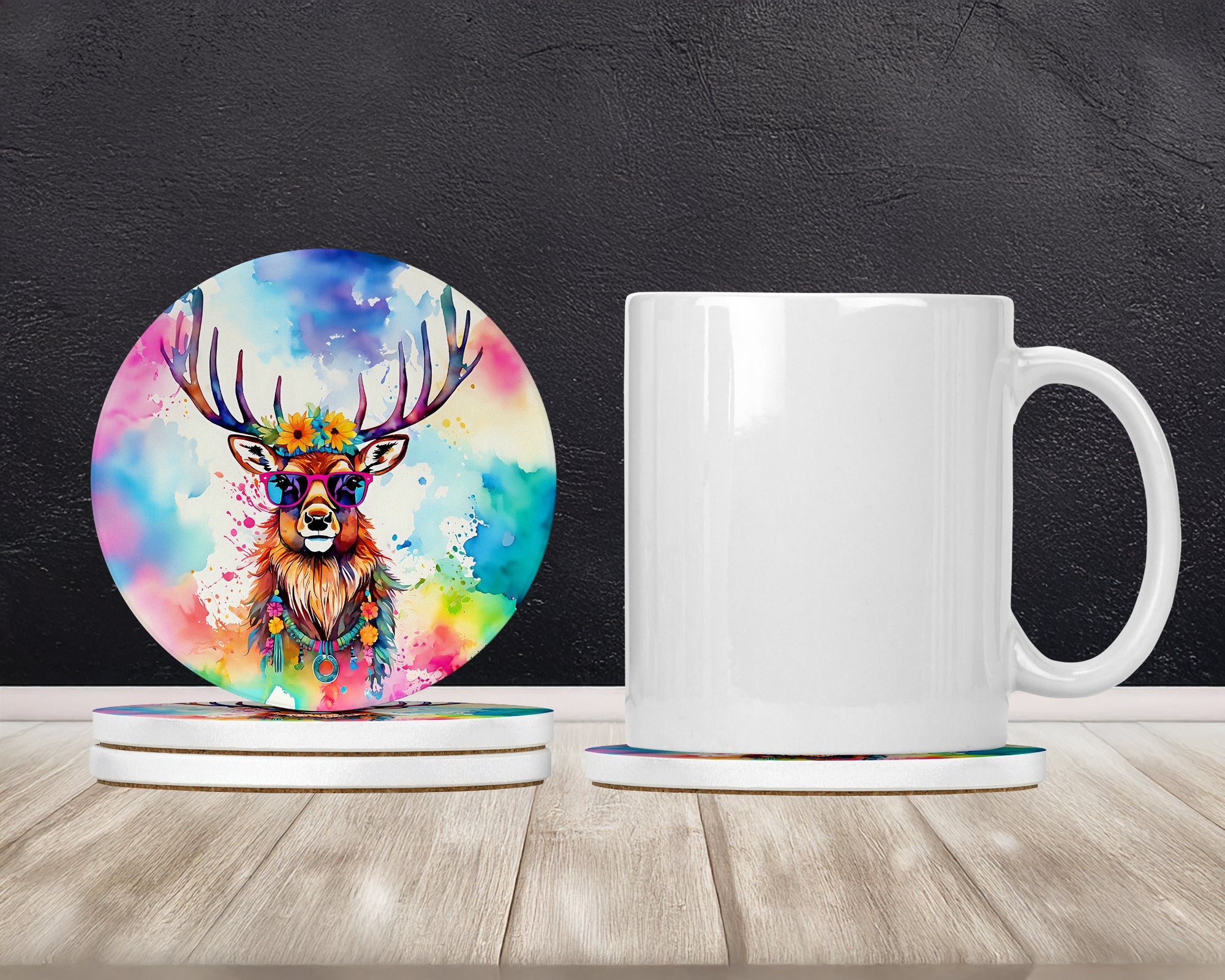 Hippie Animal Stag Deer Large Sandstone Coasters Pack of 4 Absorbent Round Coasters Decor Gifts for Men or Women, 4 in, Multicolor
