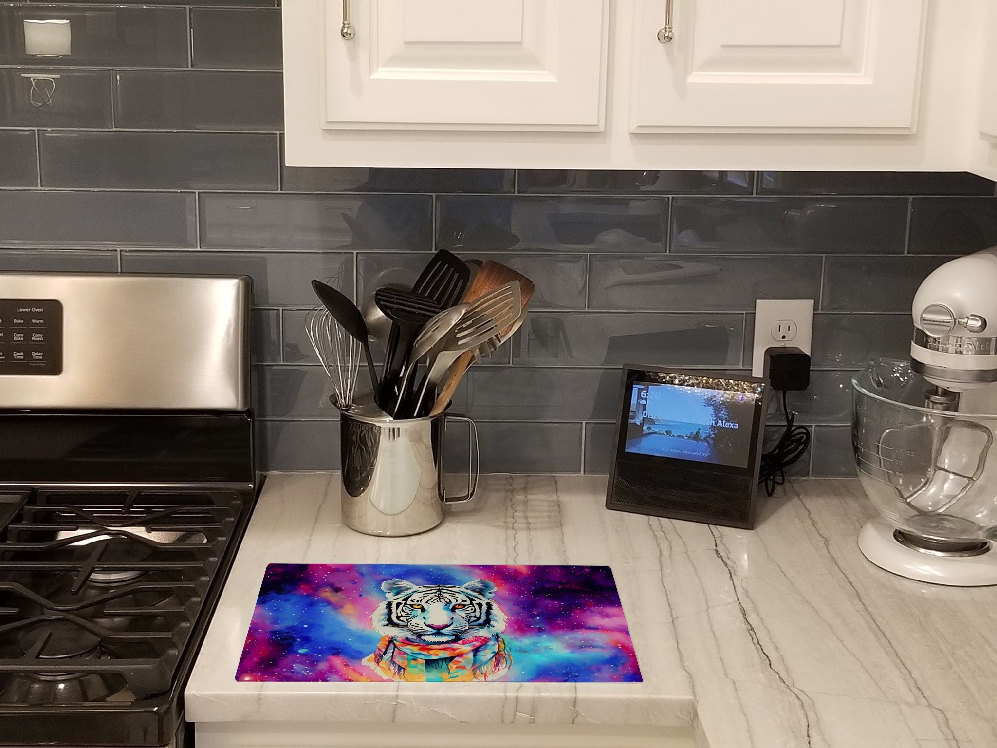 Hippie Animal White Tiger Cutting Board Tempered Glass Kitchen Cutting Surface, Heat Resistant Chopping, Non-Slip Feet, Food Prep & Serving