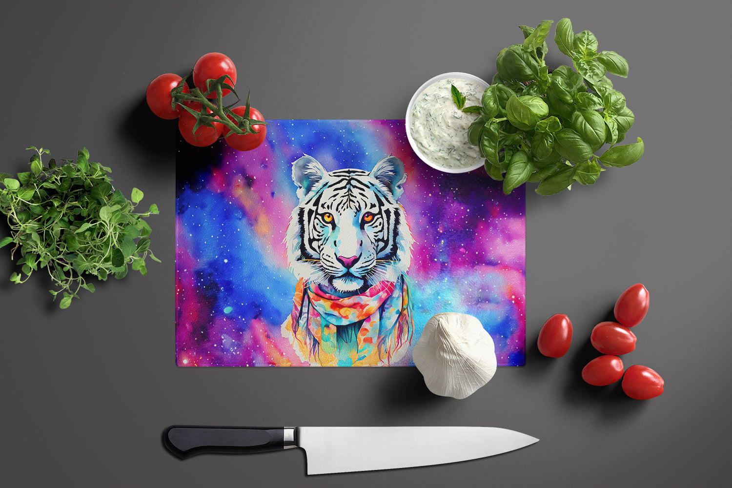 Hippie Animal White Tiger Cutting Board Tempered Glass Kitchen Cutting Surface, Heat Resistant Chopping, Non-Slip Feet, Food Prep & Serving