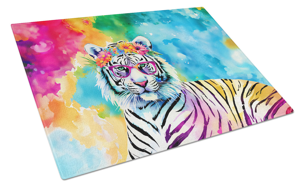 Hippie Animal White Tiger Cutting Board Tempered Glass Kitchen Cutting Surface, Heat Resistant Chopping, Non-Slip Feet, Food Prep & Serving