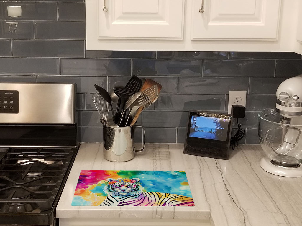 Hippie Animal White Tiger Cutting Board Tempered Glass Kitchen Cutting Surface, Heat Resistant Chopping, Non-Slip Feet, Food Prep & Serving