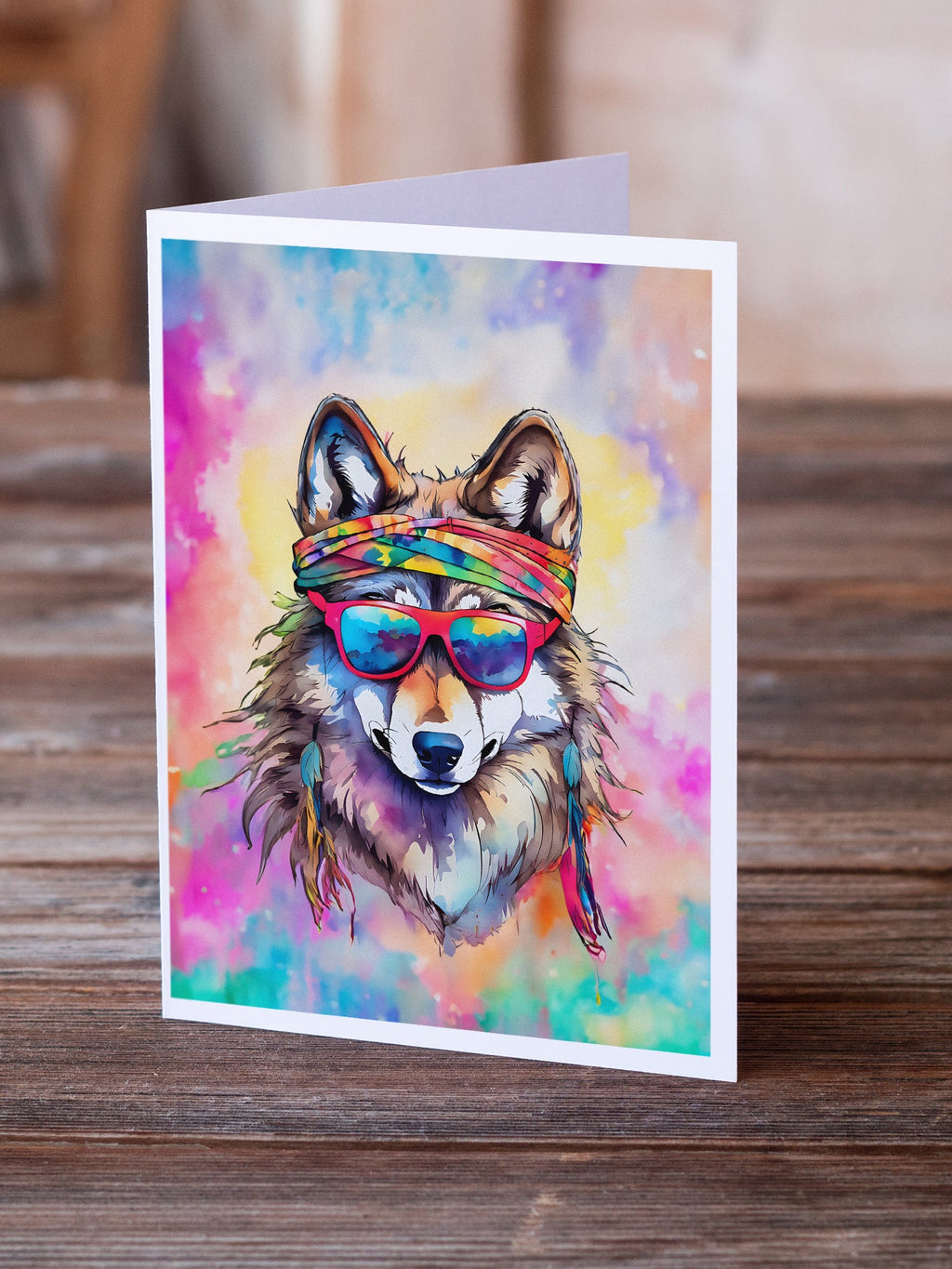 Hippie Animal Wolf Greeting Cards Pack of 8 Blank Cards with Envelopes Whimsical A7 Size 5x7