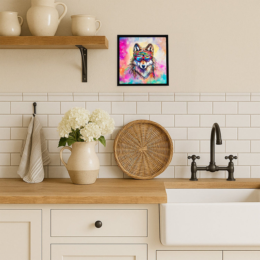 Hippie Animal Wolf Framed Metal Print Bathroom, Kitchen, Office, Home Decor Wall Art Ready to Hang, Square, 8X8