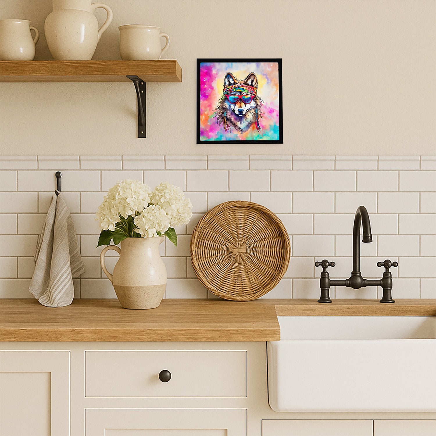 Hippie Animal Wolf Framed Metal Print Bathroom, Kitchen, Office, Home Decor Wall Art Ready to Hang, Square, 8X8