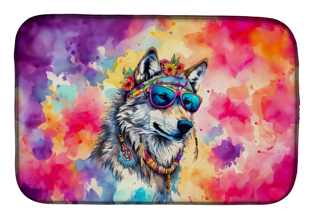 Hippie Animal Wolf Dish Drying Mat Absorbent Dish Drying Mat Pad for Kitchen Counter Dish Drainer Mat for Countertop, 14 x 21", Multicolor