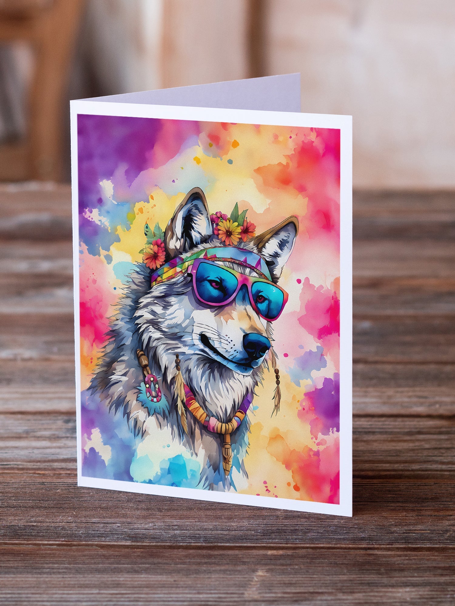 Hippie Animal Wolf Greeting Cards Pack of 8 Blank Cards with Envelopes Whimsical A7 Size 5x7