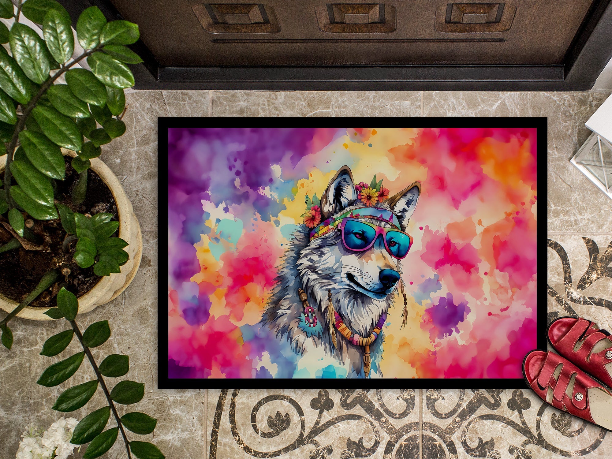 Hippie Animal Wolf Doormat Indoor Outdoor 24H X 36W Front Door Mat Rugs for Entryway, Non Slip Washable Low Pile,
