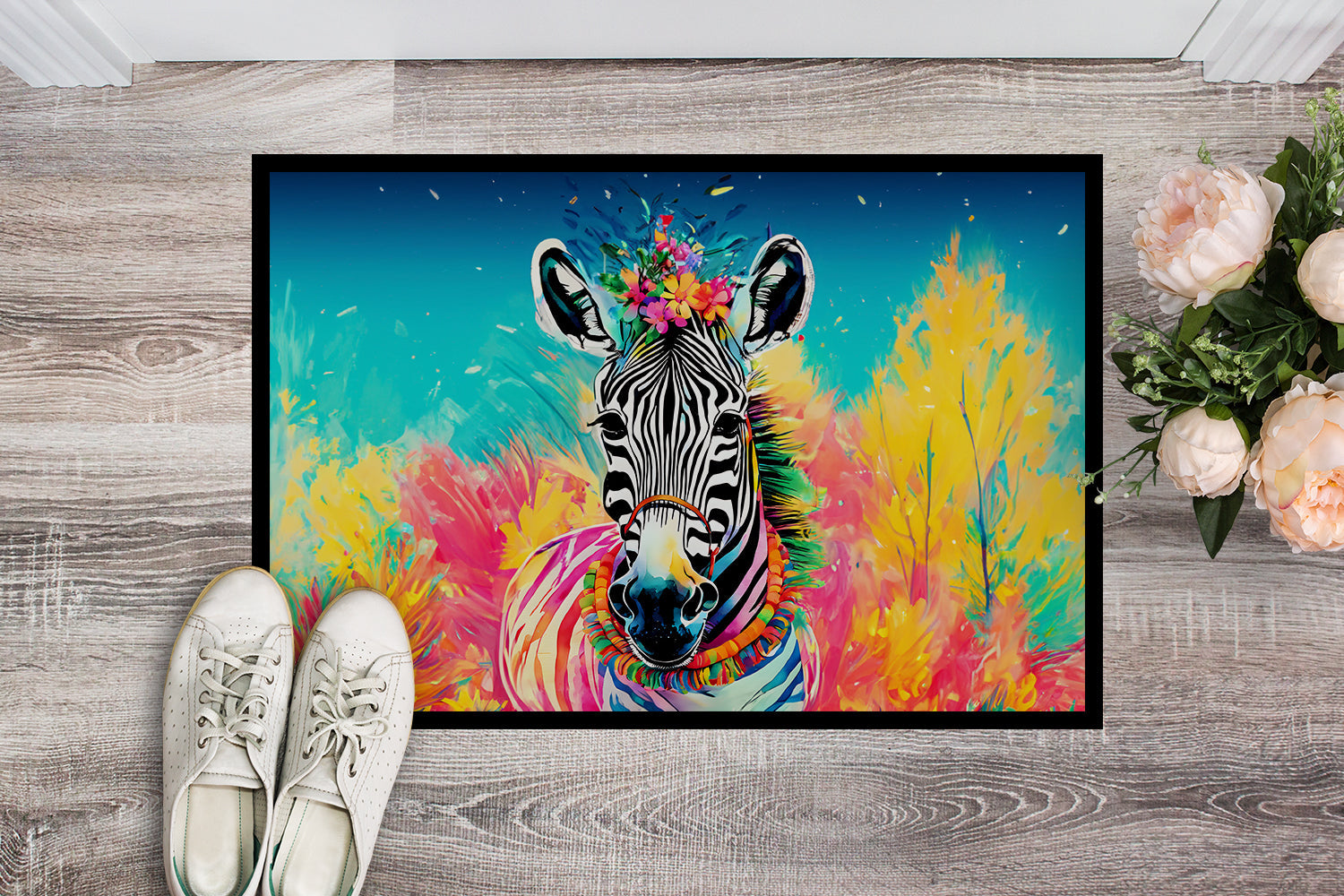 Hippie Animal Zebra Doormat Indoor Outdoor 24H X 36W Front Door Mat Rugs for Entryway, Non Slip Washable Low Pile,
