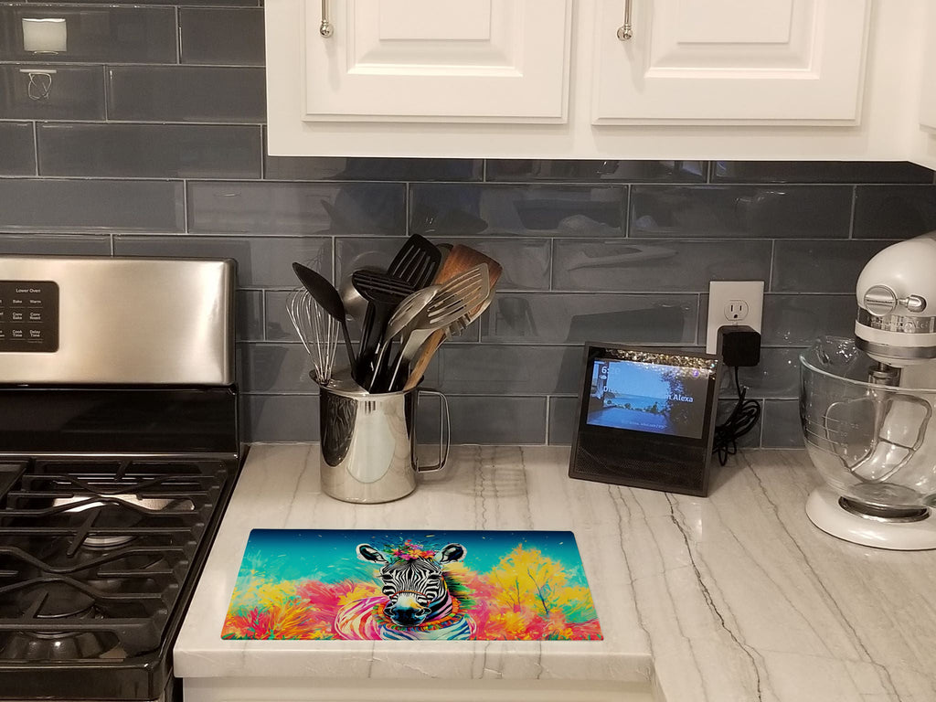 Hippie Animal Zebra Cutting Board Tempered Glass Kitchen Cutting Surface, Heat Resistant Chopping, Non-Slip Feet, Food Prep & Serving