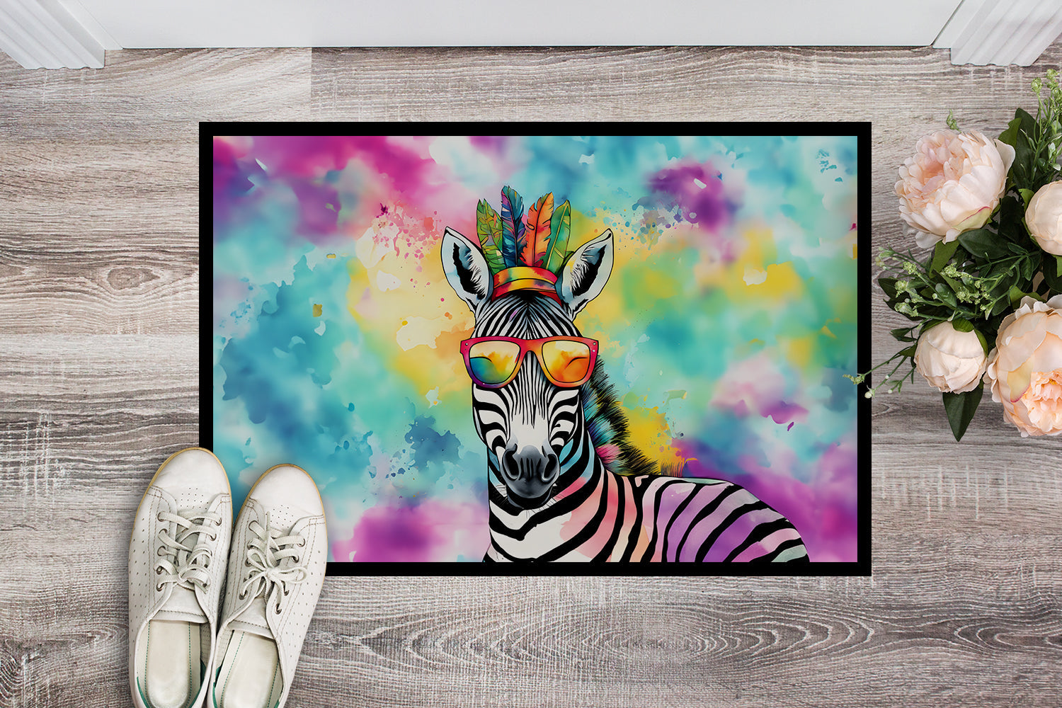 Hippie Animal Zebra Doormat Indoor Outdoor 24H X 36W Front Door Mat Rugs for Entryway, Non Slip Washable Low Pile,