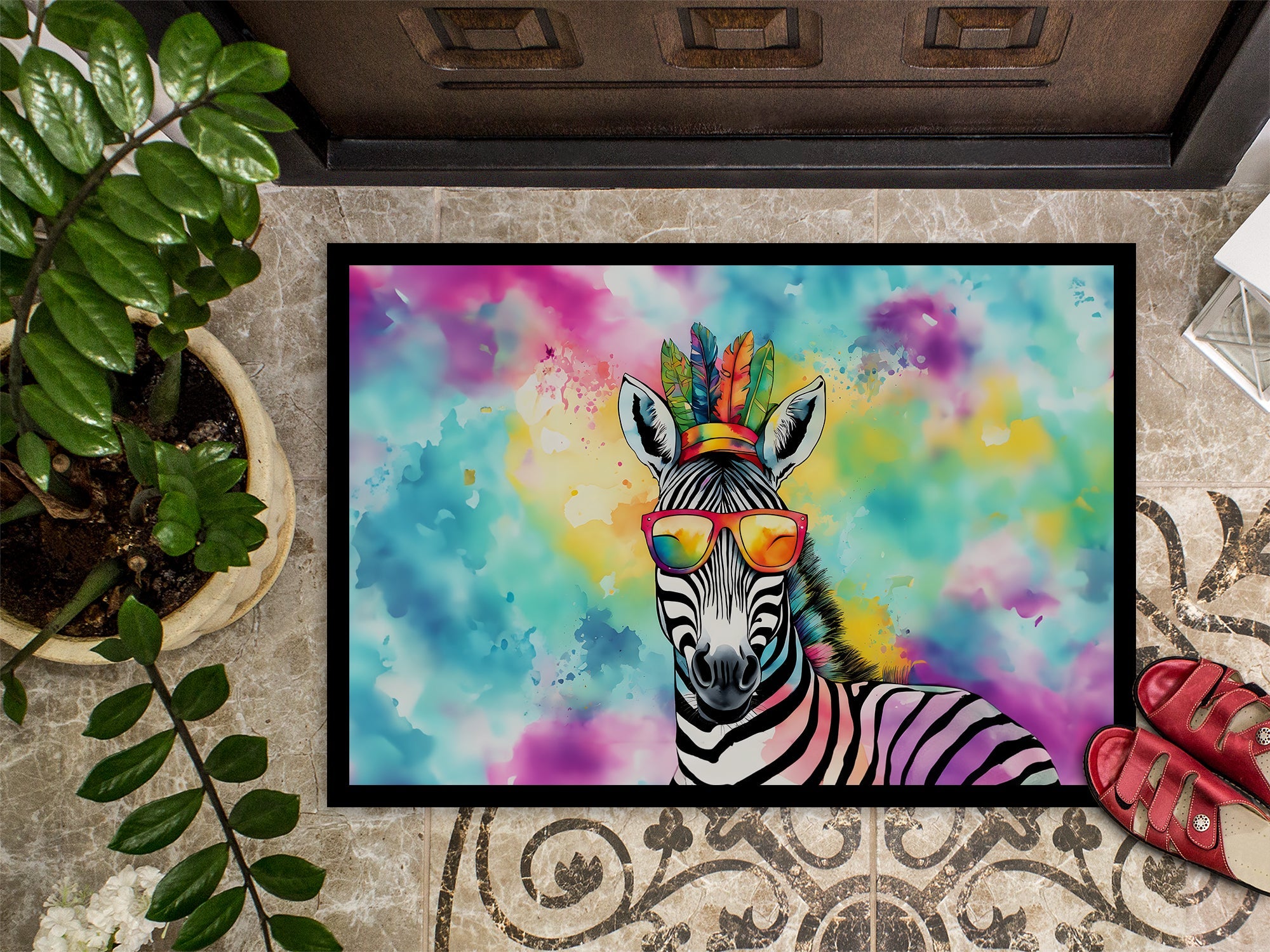 Hippie Animal Zebra Doormat Indoor Outdoor 24H X 36W Front Door Mat Rugs for Entryway, Non Slip Washable Low Pile,
