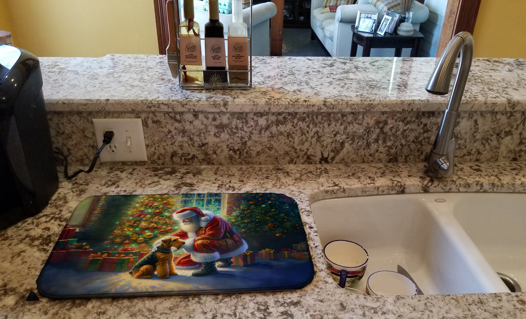 Airedale Terrier and Santa Claus Dish Drying Mat Absorbent Dish Drying Mat Pad for Kitchen Counter Dish Drainer Mat for Countertop, 14 x 21", Multicolor