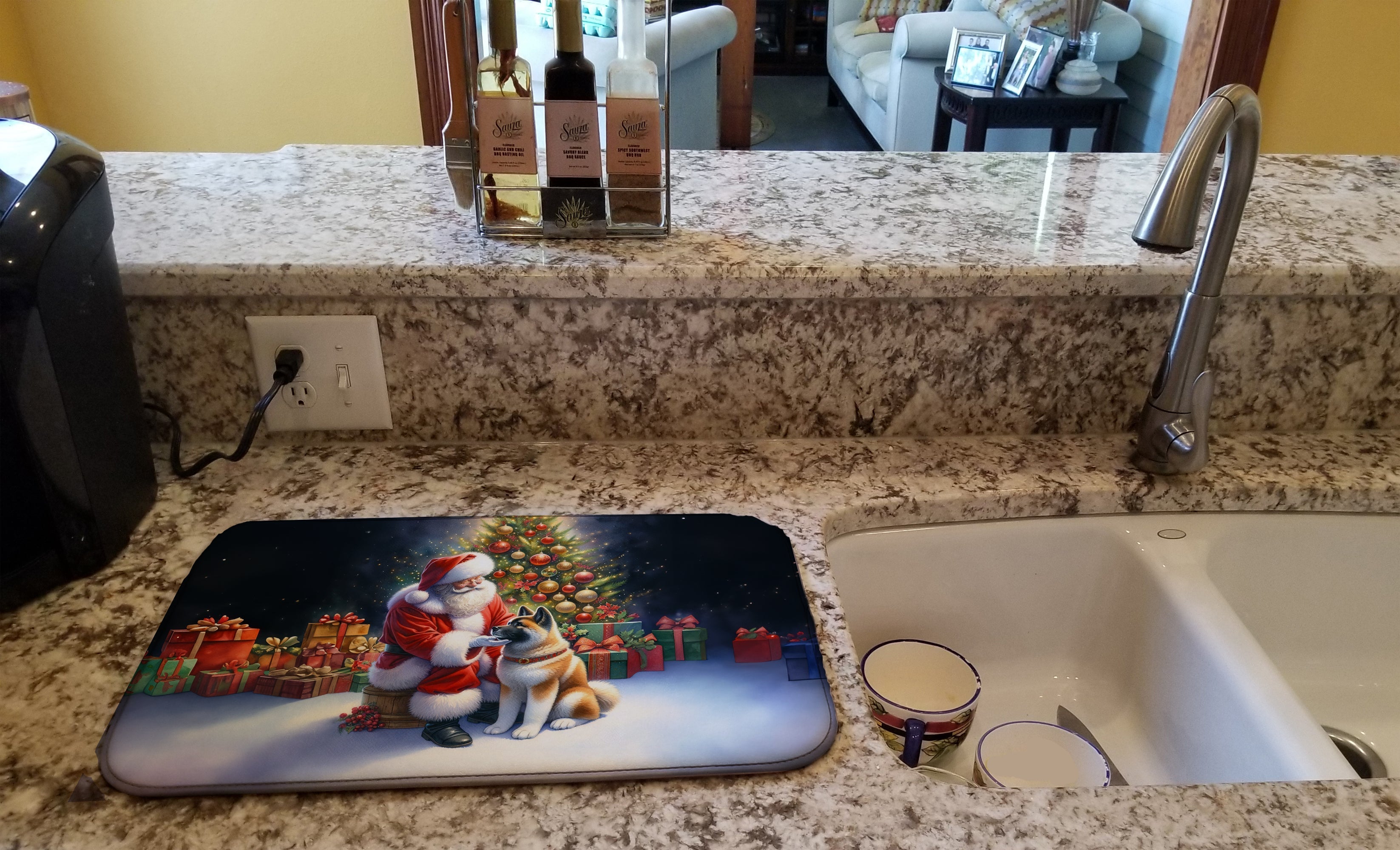 Akita and Santa Claus Dish Drying Mat Absorbent Dish Drying Mat Pad for Kitchen Counter Dish Drainer Mat for Countertop, 14 x 21", Multicolor