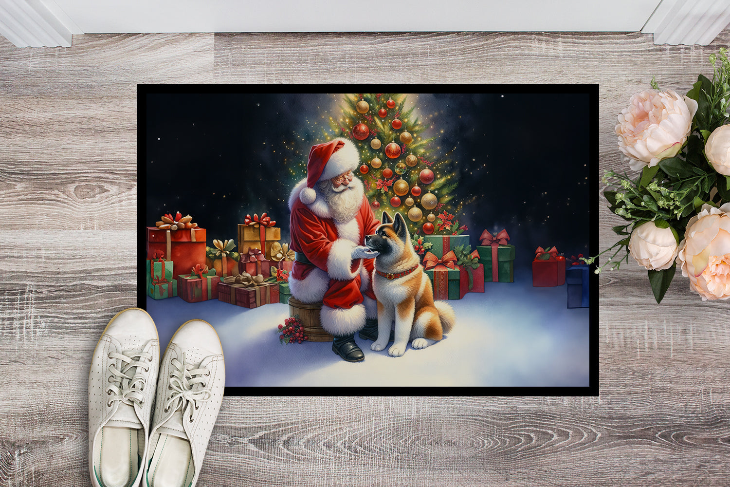 Akita and Santa Claus Doormat Indoor Outdoor 24H X 36W Front Door Mat Rugs for Entryway, Non Slip Washable Low Pile,