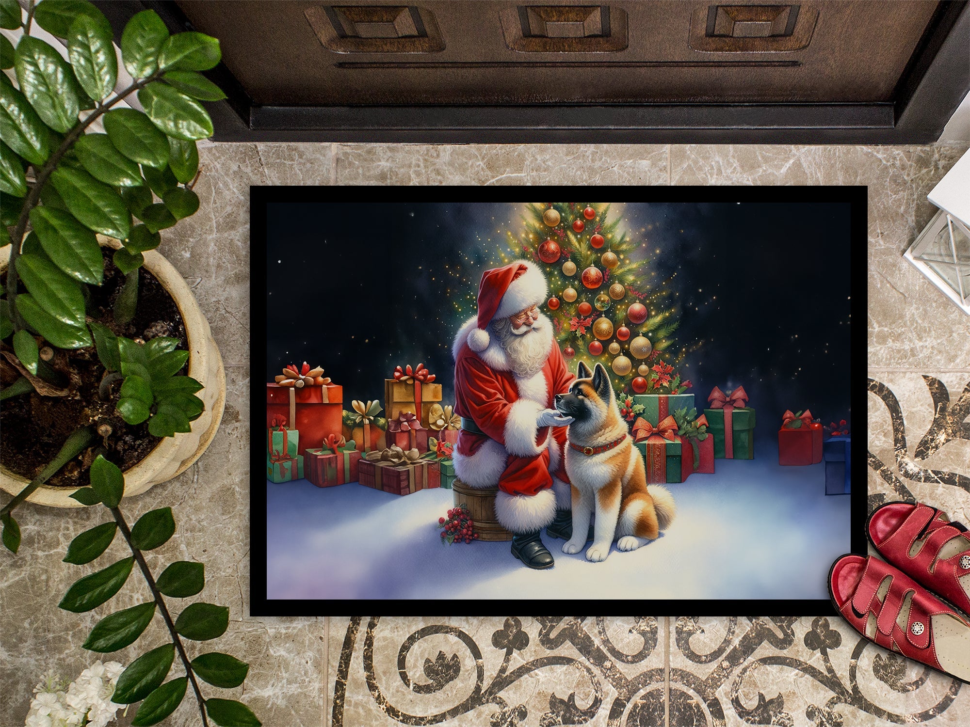 Akita and Santa Claus Doormat Indoor Outdoor 24H X 36W Front Door Mat Rugs for Entryway, Non Slip Washable Low Pile,