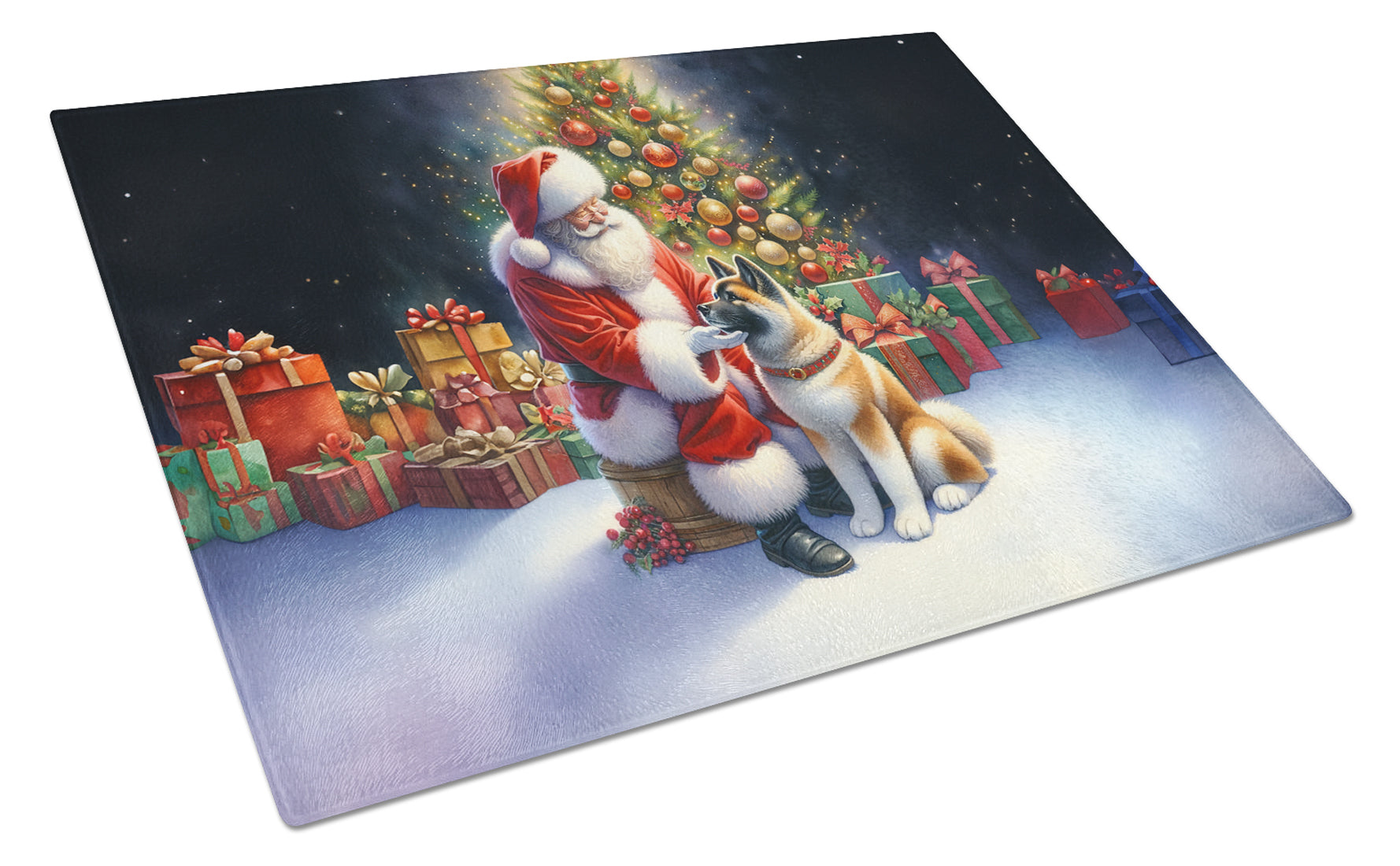 Akita and Santa Claus Cutting Board Tempered Glass Kitchen Cutting Surface, Heat Resistant Chopping, Non-Slip Feet, Food Prep & Serving