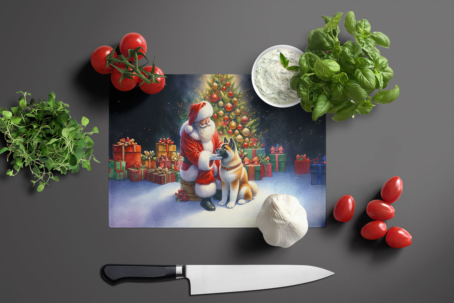 Akita and Santa Claus Cutting Board Tempered Glass Kitchen Cutting Surface, Heat Resistant Chopping, Non-Slip Feet, Food Prep & Serving