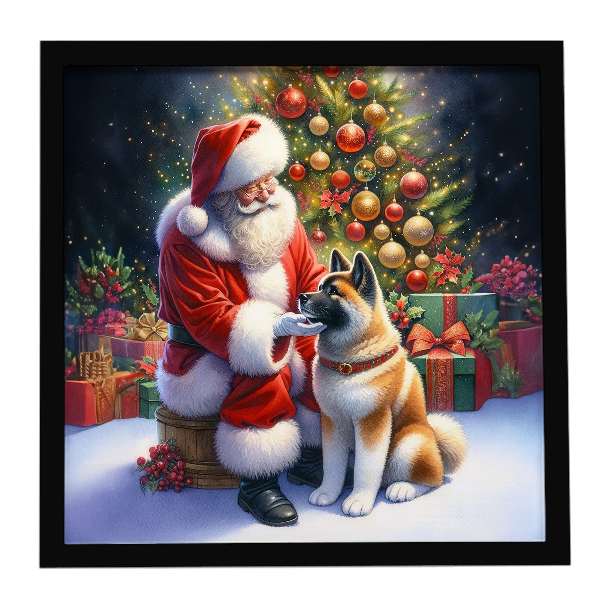 Akita and Santa Claus Framed Metal Print Bathroom, Kitchen, Office, Home Decor Wall Art Ready to Hang, Square, 8X8