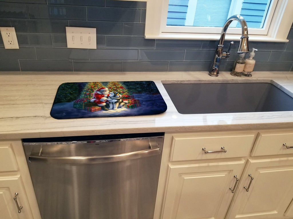 Alaskan Malamute and Santa Claus Dish Drying Mat Absorbent Dish Drying Mat Pad for Kitchen Counter Dish Drainer Mat for Countertop, 14 x 21", Multicolor