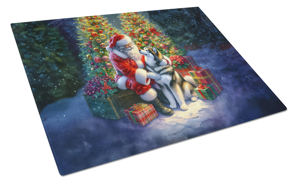 Alaskan Malamute and Santa Claus Cutting Board Tempered Glass Kitchen Cutting Surface, Heat Resistant Chopping, Non-Slip Feet, Food Prep & Serving