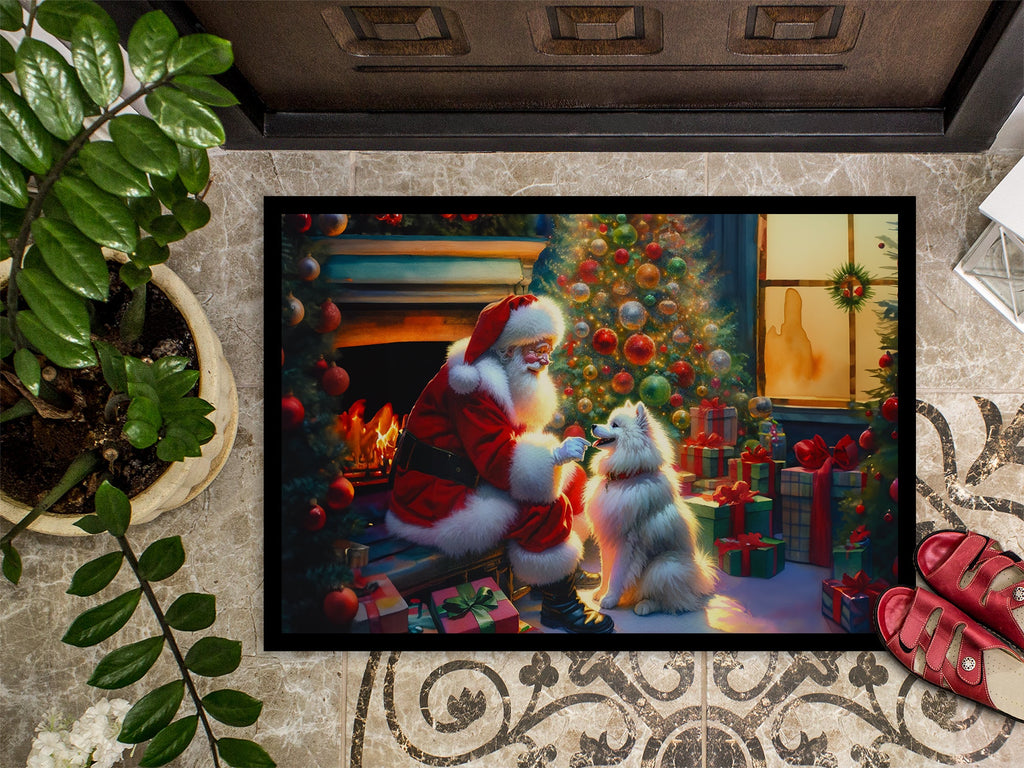 American Eskimo and Santa Claus Doormat Indoor Outdoor 24H X 36W Front Door Mat Rugs for Entryway, Non Slip Washable Low Pile,