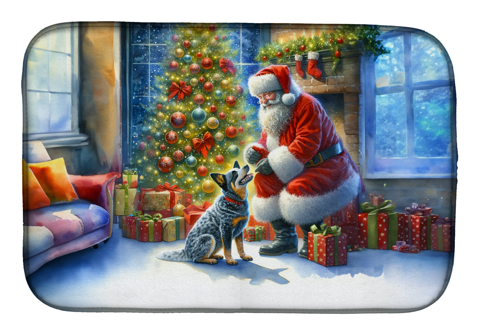 Australian Cattle Dog and Santa Claus Dish Drying Mat Absorbent Dish Drying Mat Pad for Kitchen Counter Dish Drainer Mat for Countertop, 14 x 21", Multicolor