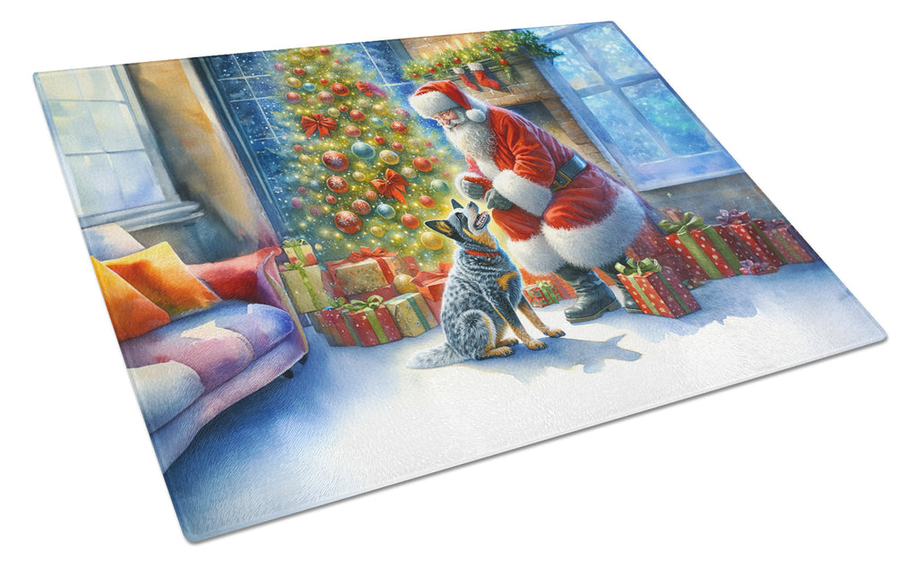 Australian Cattle Dog and Santa Claus Cutting Board Tempered Glass Kitchen Cutting Surface, Heat Resistant Chopping, Non-Slip Feet, Food Prep & Serving