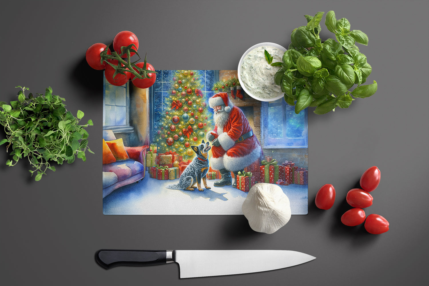 Australian Cattle Dog and Santa Claus Cutting Board Tempered Glass Kitchen Cutting Surface, Heat Resistant Chopping, Non-Slip Feet, Food Prep & Serving