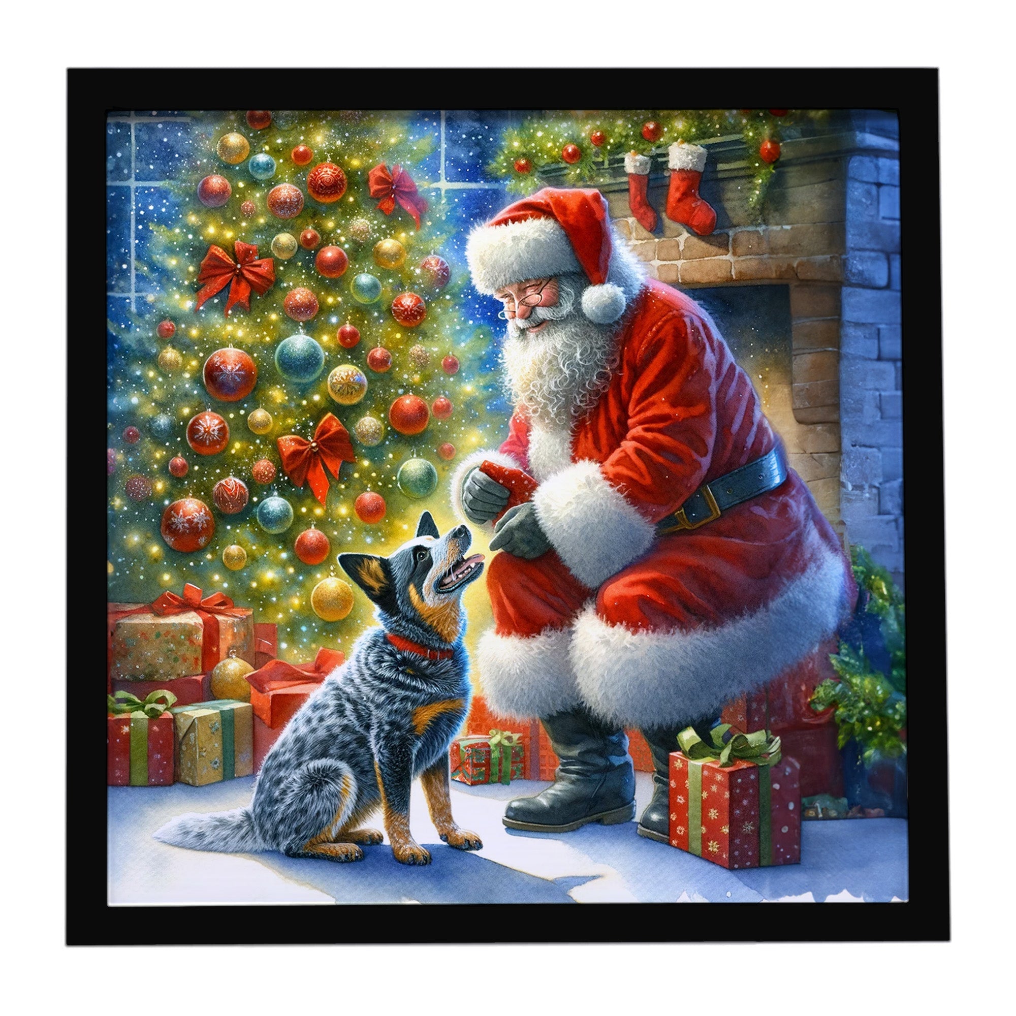 Australian Cattle Dog and Santa Claus Framed Metal Print Bathroom, Kitchen, Office, Home Decor Wall Art Ready to Hang, Square, 8X8