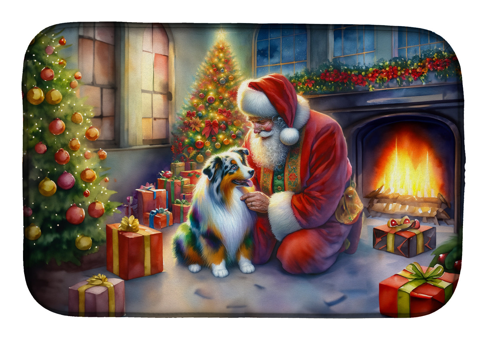 Australian Shepherd and Santa Claus Dish Drying Mat Absorbent Dish Drying Mat Pad for Kitchen Counter Dish Drainer Mat for Countertop, 14 x 21", Multicolor