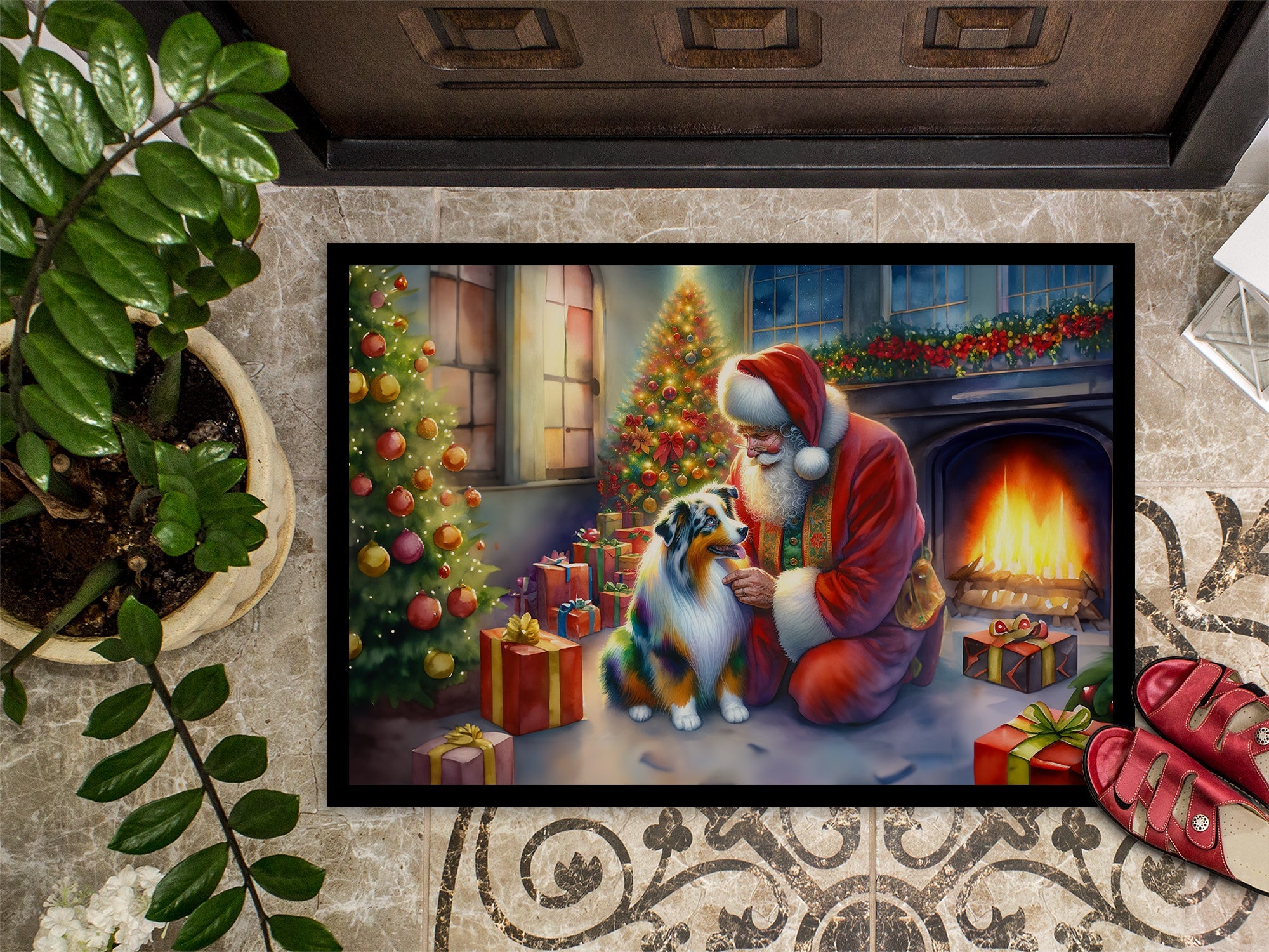 Australian Shepherd and Santa Claus Doormat Indoor Outdoor 18H X 27W Front Door Mat Rugs for Entryway, Non Slip Washable