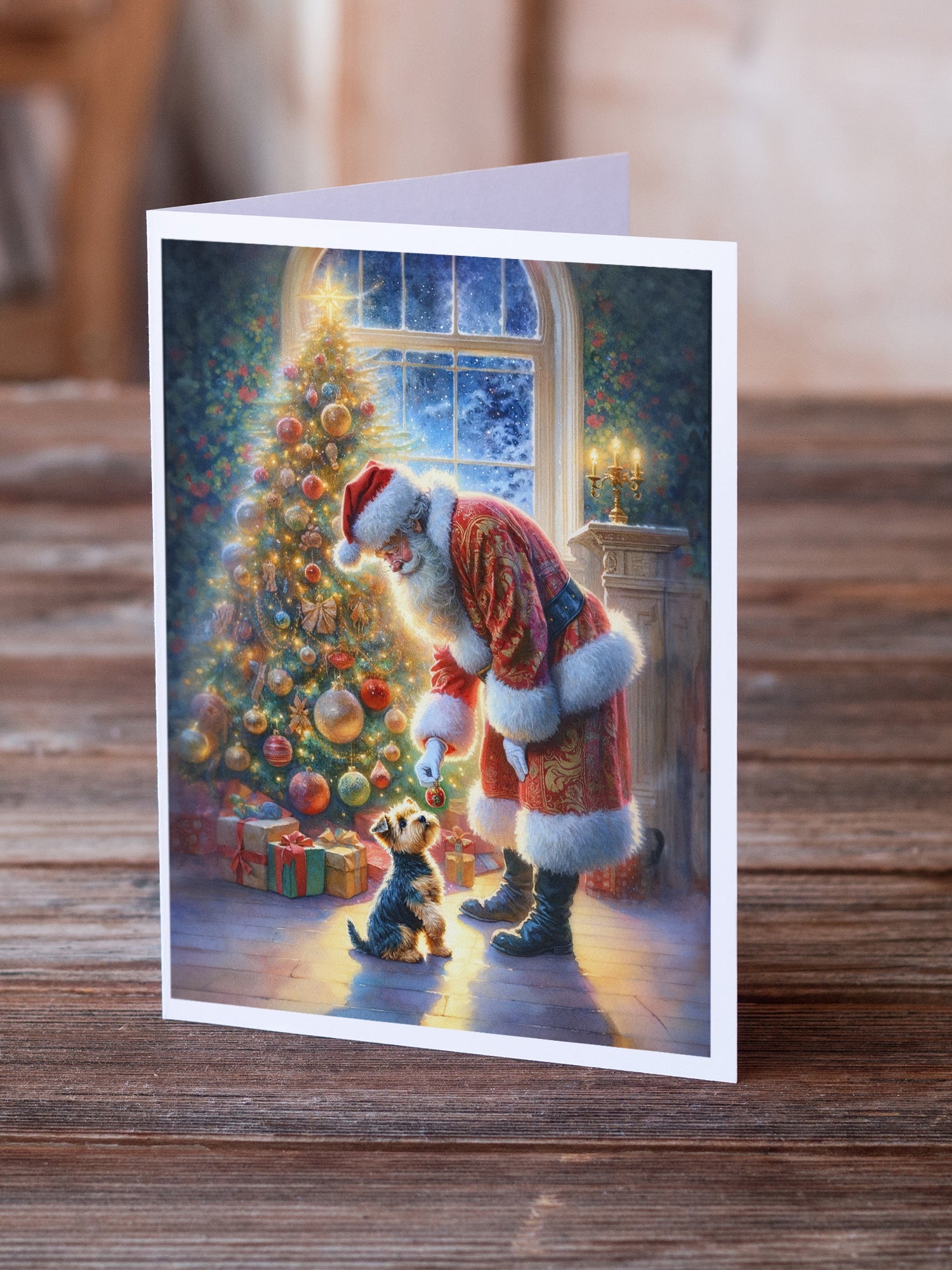 Australian Terrier and Santa Claus Greeting Cards Pack of 8 Blank Cards with Envelopes Whimsical A7 Size 5x7