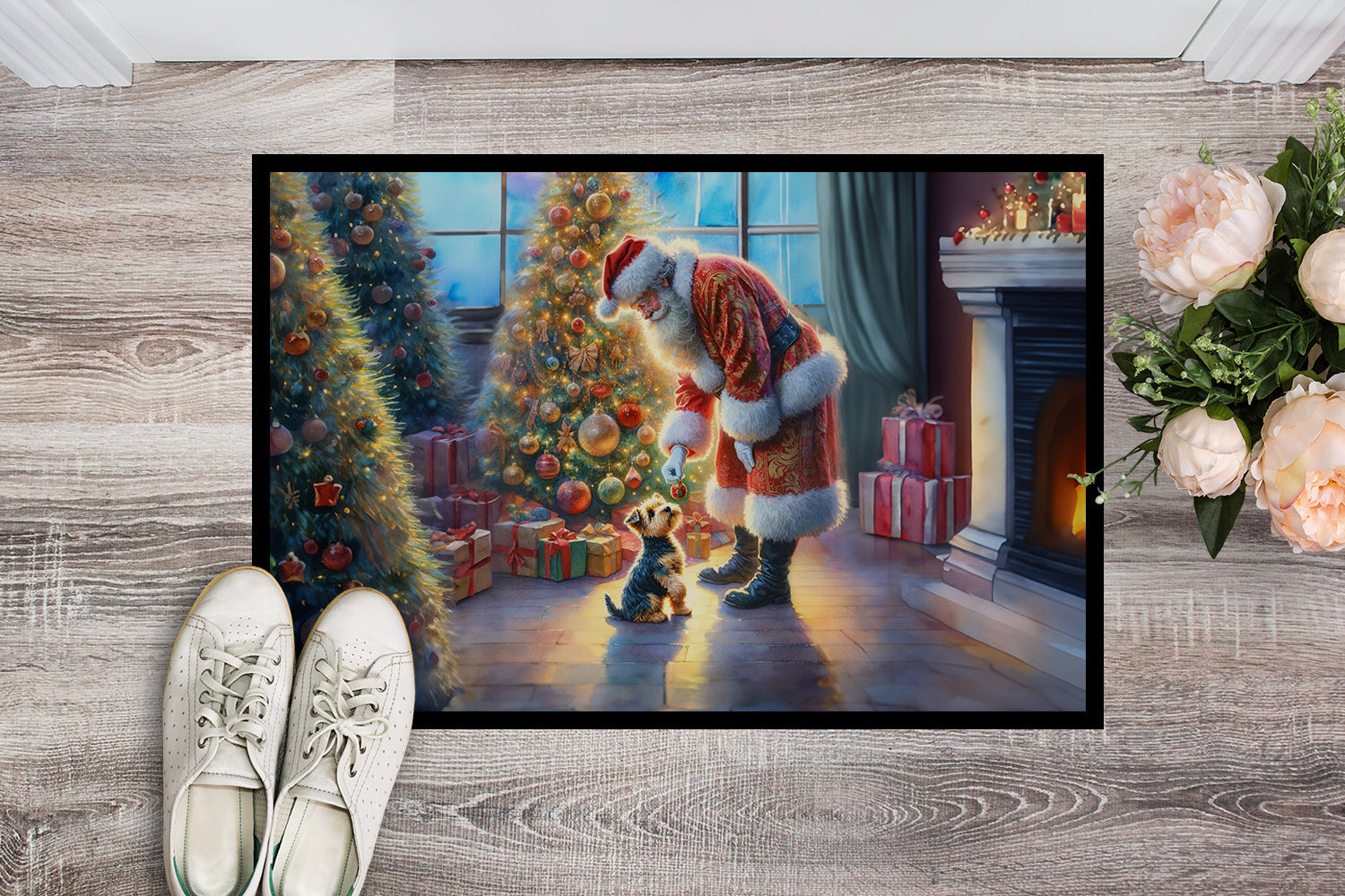 Australian Terrier and Santa Claus Doormat Indoor Outdoor 18H X 27W Front Door Mat Rugs for Entryway, Non Slip Washable