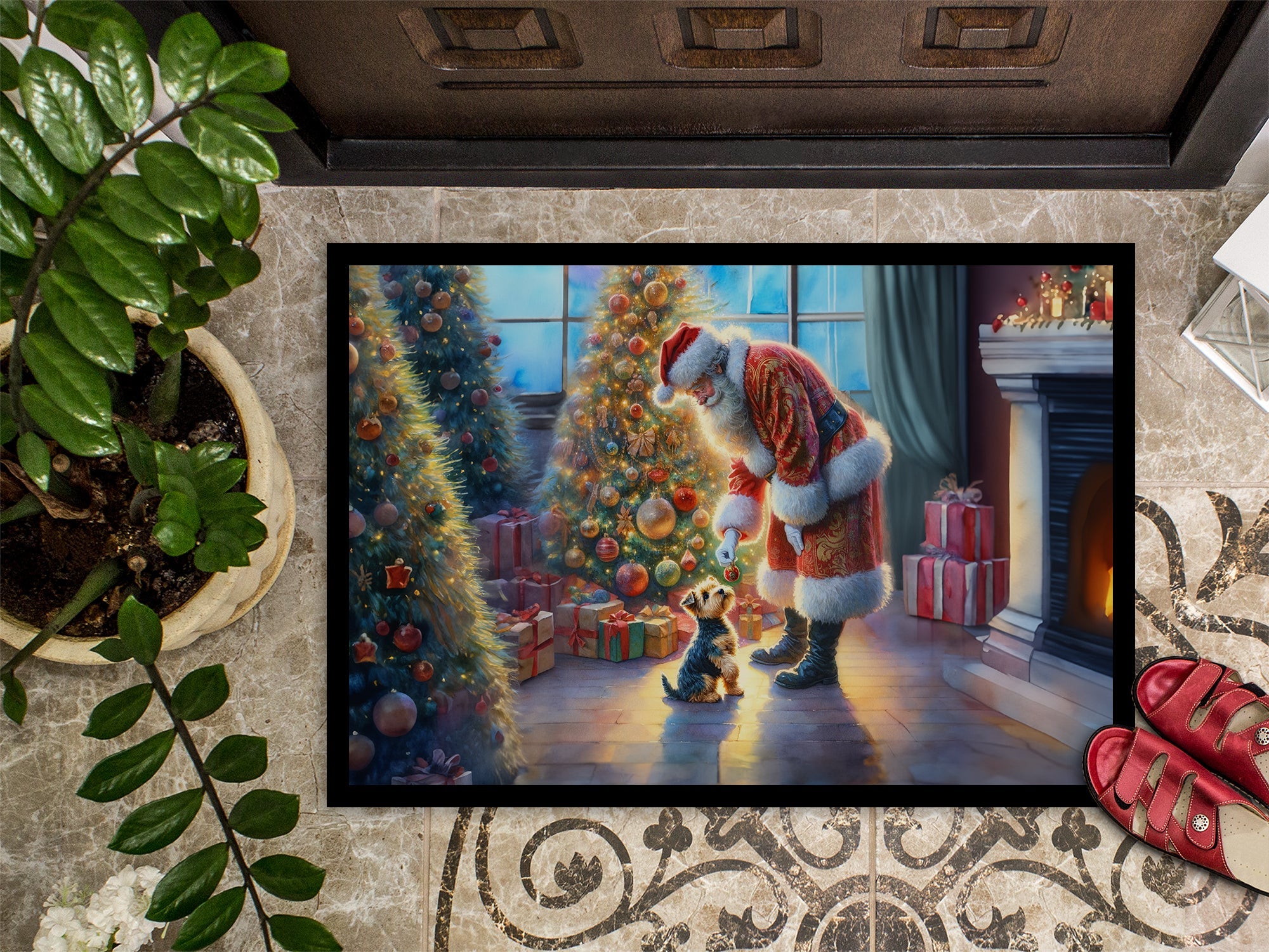 Australian Terrier and Santa Claus Doormat Indoor Outdoor 18H X 27W Front Door Mat Rugs for Entryway, Non Slip Washable