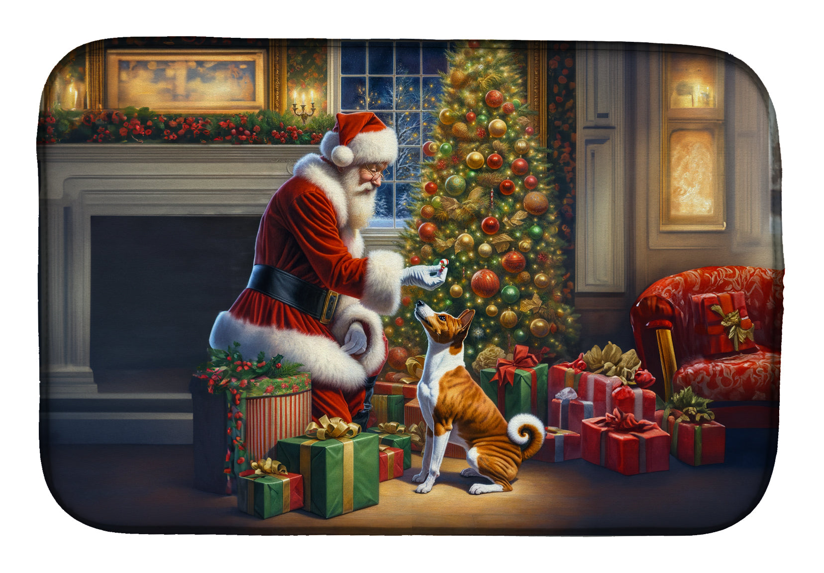 Basenji and Santa Claus Dish Drying Mat Absorbent Dish Drying Mat Pad for Kitchen Counter Dish Drainer Mat for Countertop, 14 x 21", Multicolor