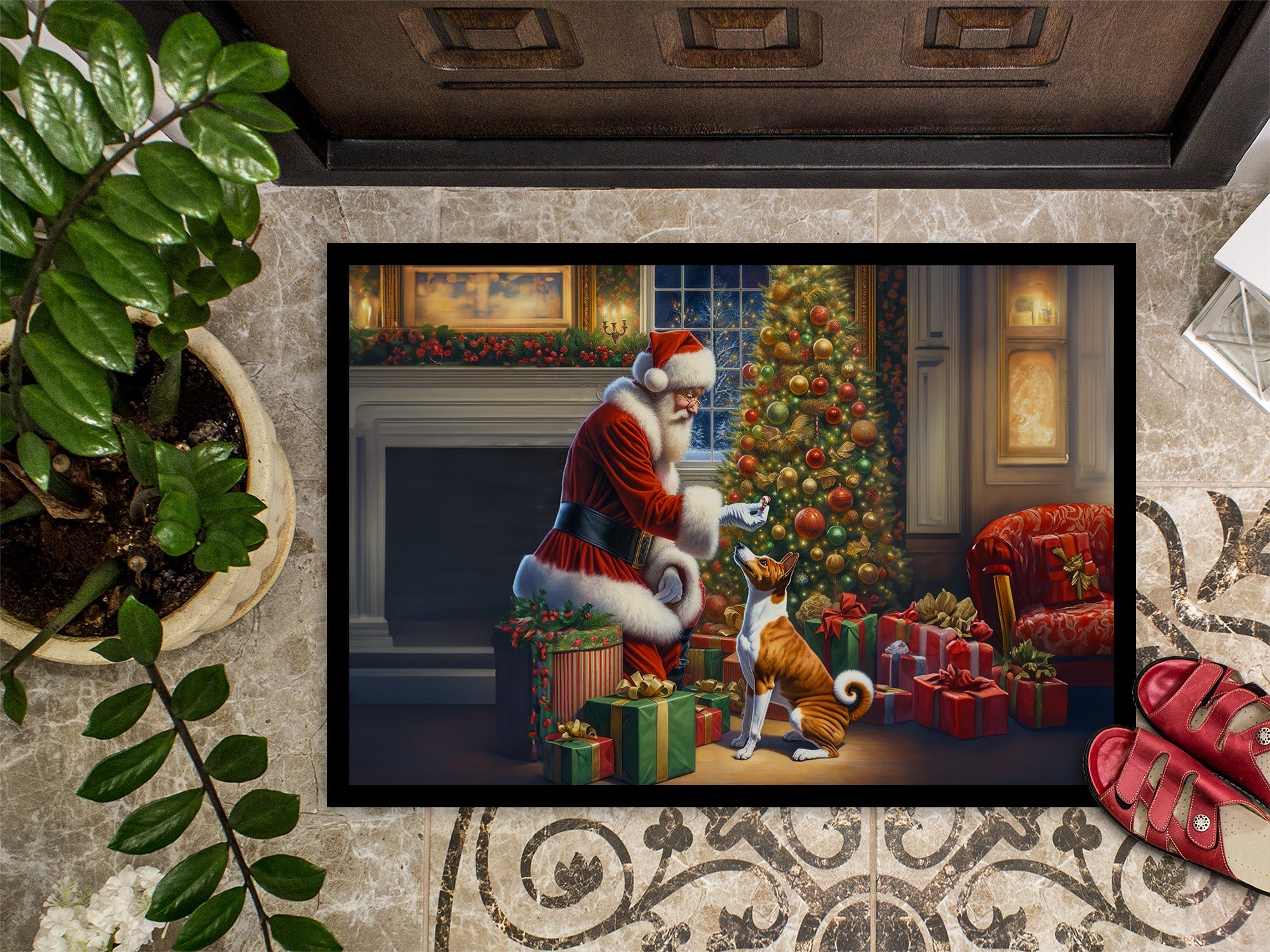 Basenji and Santa Claus Doormat Indoor Outdoor 18H X 27W Front Door Mat Rugs for Entryway, Non Slip Washable