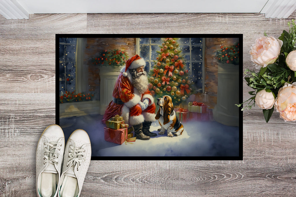 Basset Hound and Santa Claus Doormat Indoor Outdoor 24H X 36W Front Door Mat Rugs for Entryway, Non Slip Washable Low Pile,