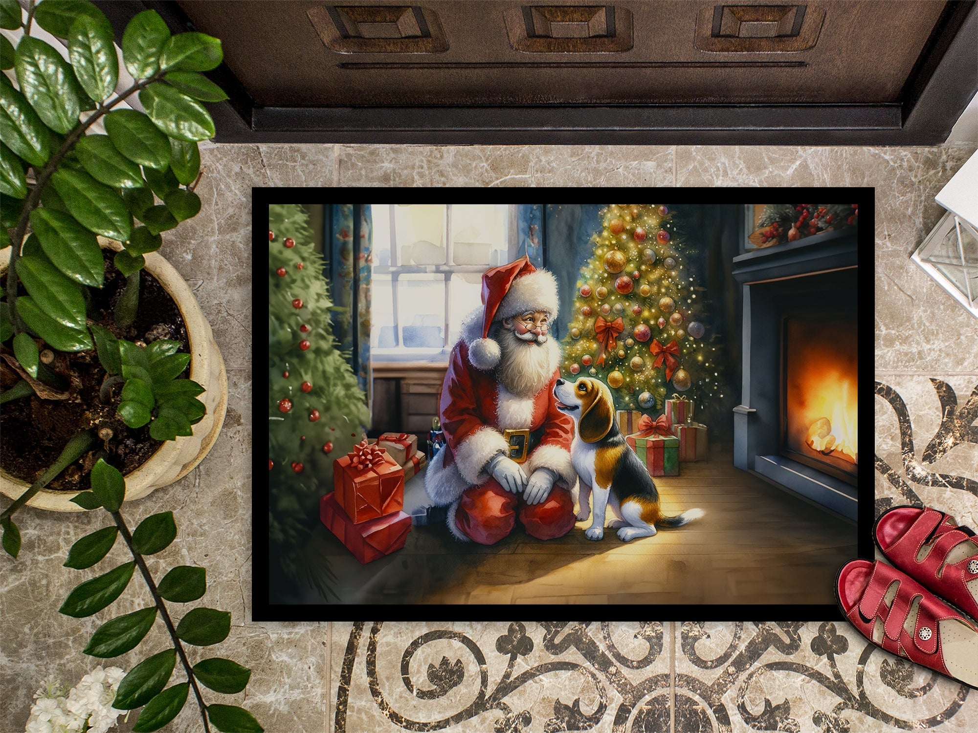 Beagle and Santa Claus Doormat Indoor Outdoor 18H X 27W Front Door Mat Rugs for Entryway, Non Slip Washable