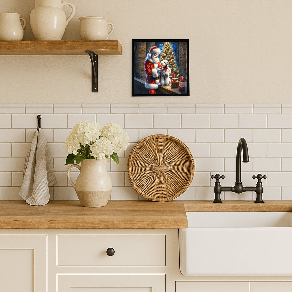 Bedlington Terrier and Santa Claus Framed Metal Print Bathroom, Kitchen, Office, Home Decor Wall Art Ready to Hang, Square, 8X8