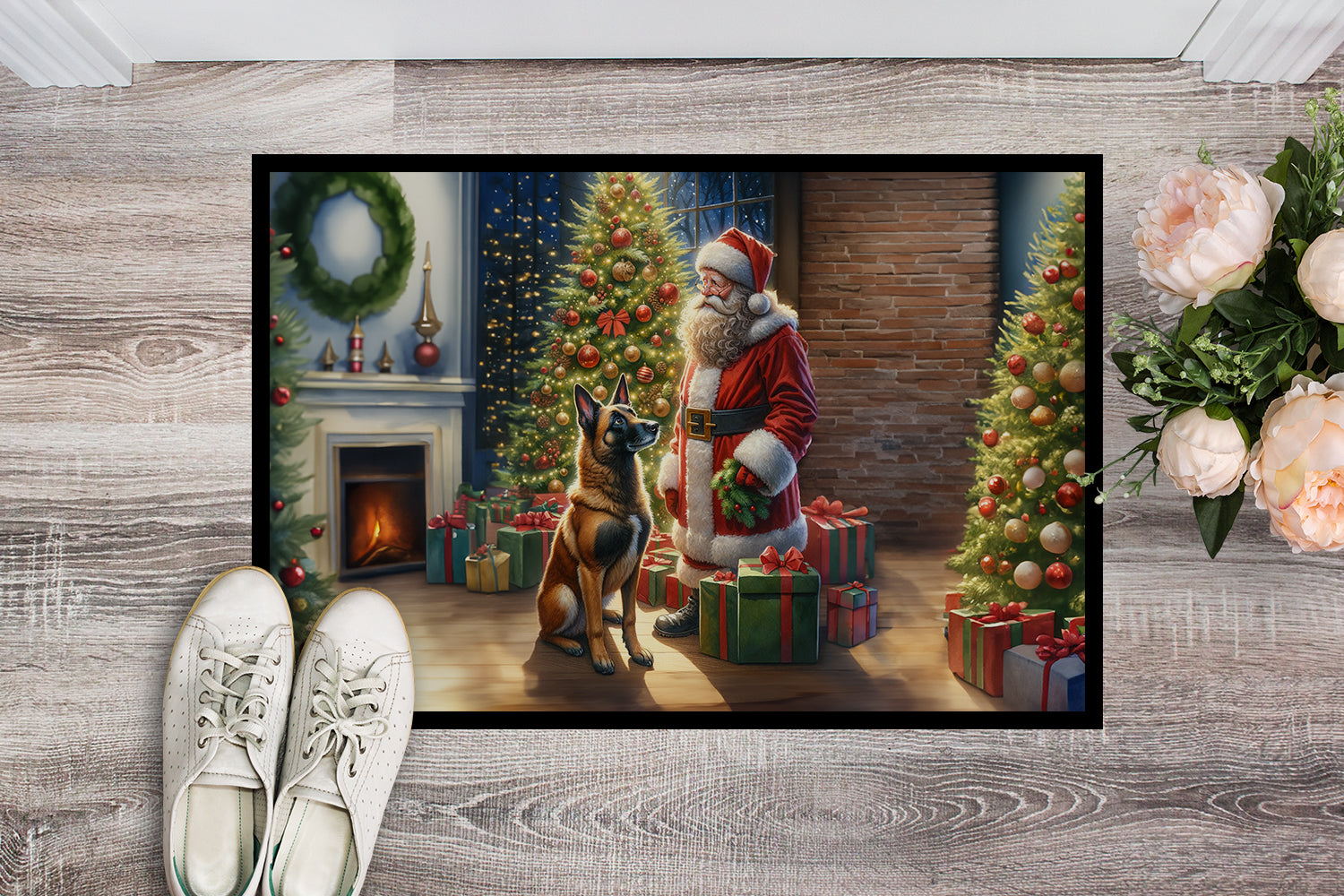 Belgian Malinois and Santa Claus Doormat Indoor Outdoor 24H X 36W Front Door Mat Rugs for Entryway, Non Slip Washable Low Pile,