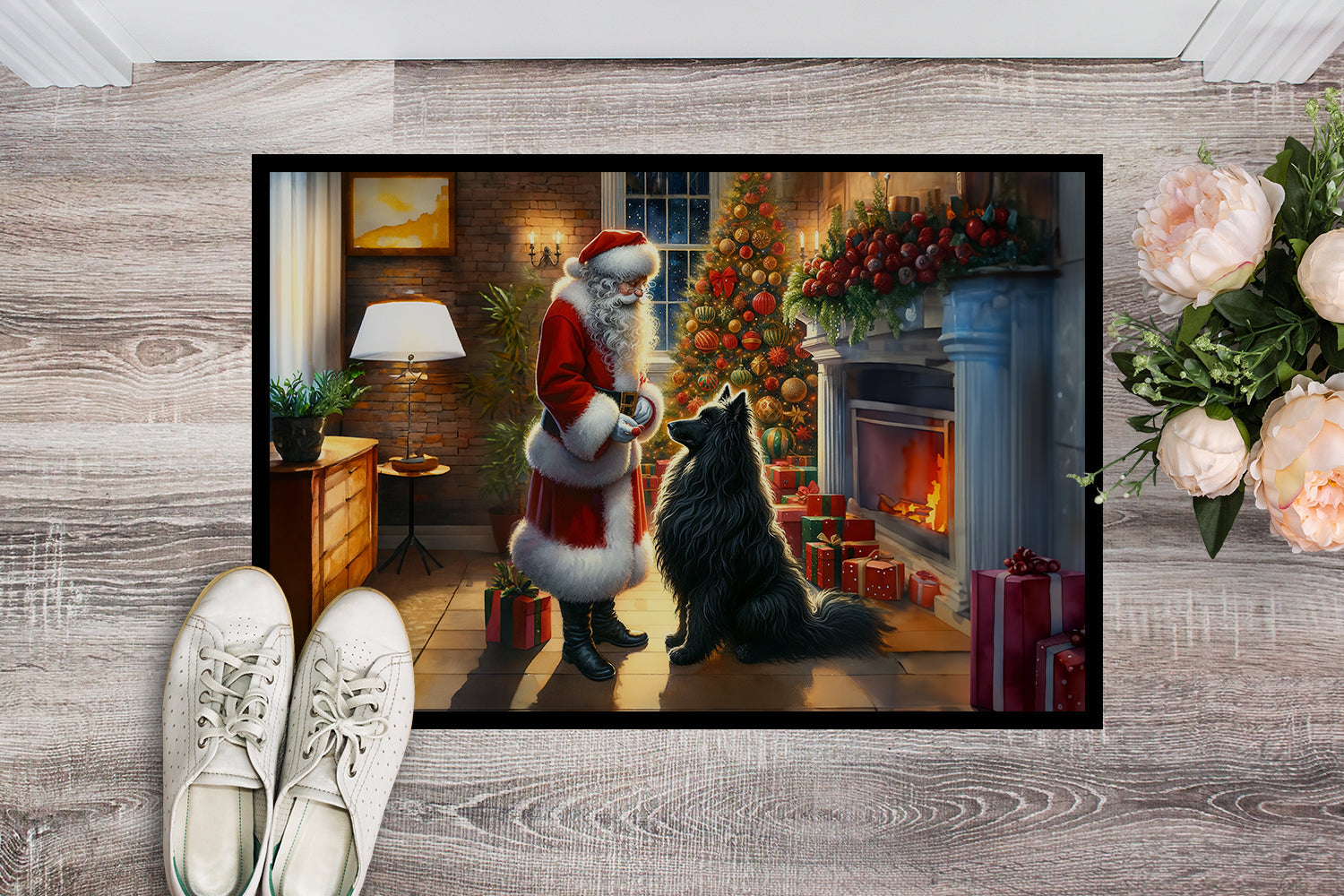 Belgian Sheepdog and Santa Claus Doormat Indoor Outdoor 18H X 27W Front Door Mat Rugs for Entryway, Non Slip Washable