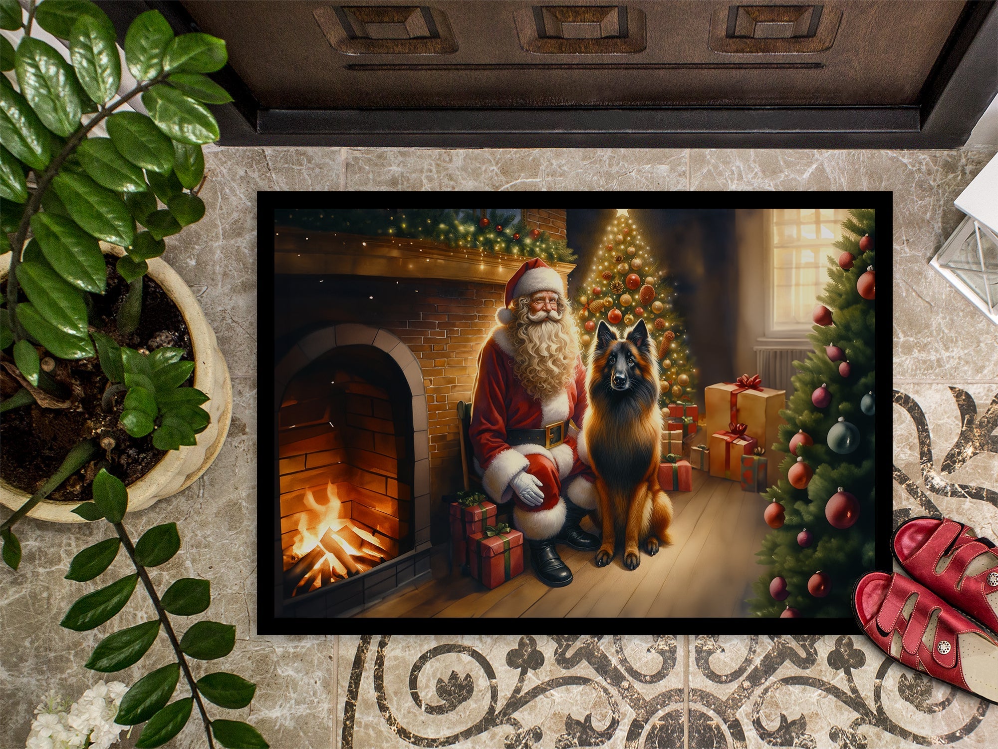 Belgian Tervuren and Santa Claus Doormat Indoor Outdoor 18H X 27W Front Door Mat Rugs for Entryway, Non Slip Washable