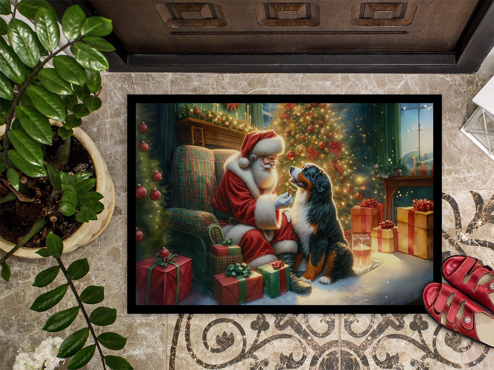 Bernese Mountain Dog and Santa Claus Doormat Indoor Outdoor 24H X 36W Front Door Mat Rugs for Entryway, Non Slip Washable Low Pile,