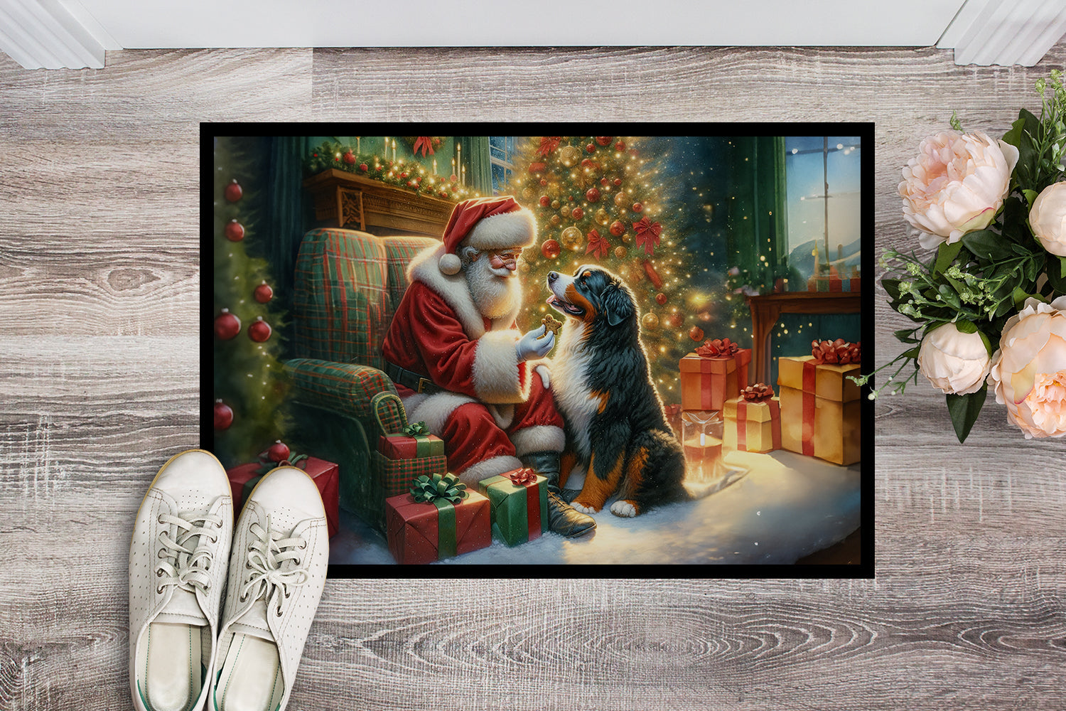 Bernese Mountain Dog and Santa Claus Doormat Indoor Outdoor 18H X 27W Front Door Mat Rugs for Entryway, Non Slip Washable