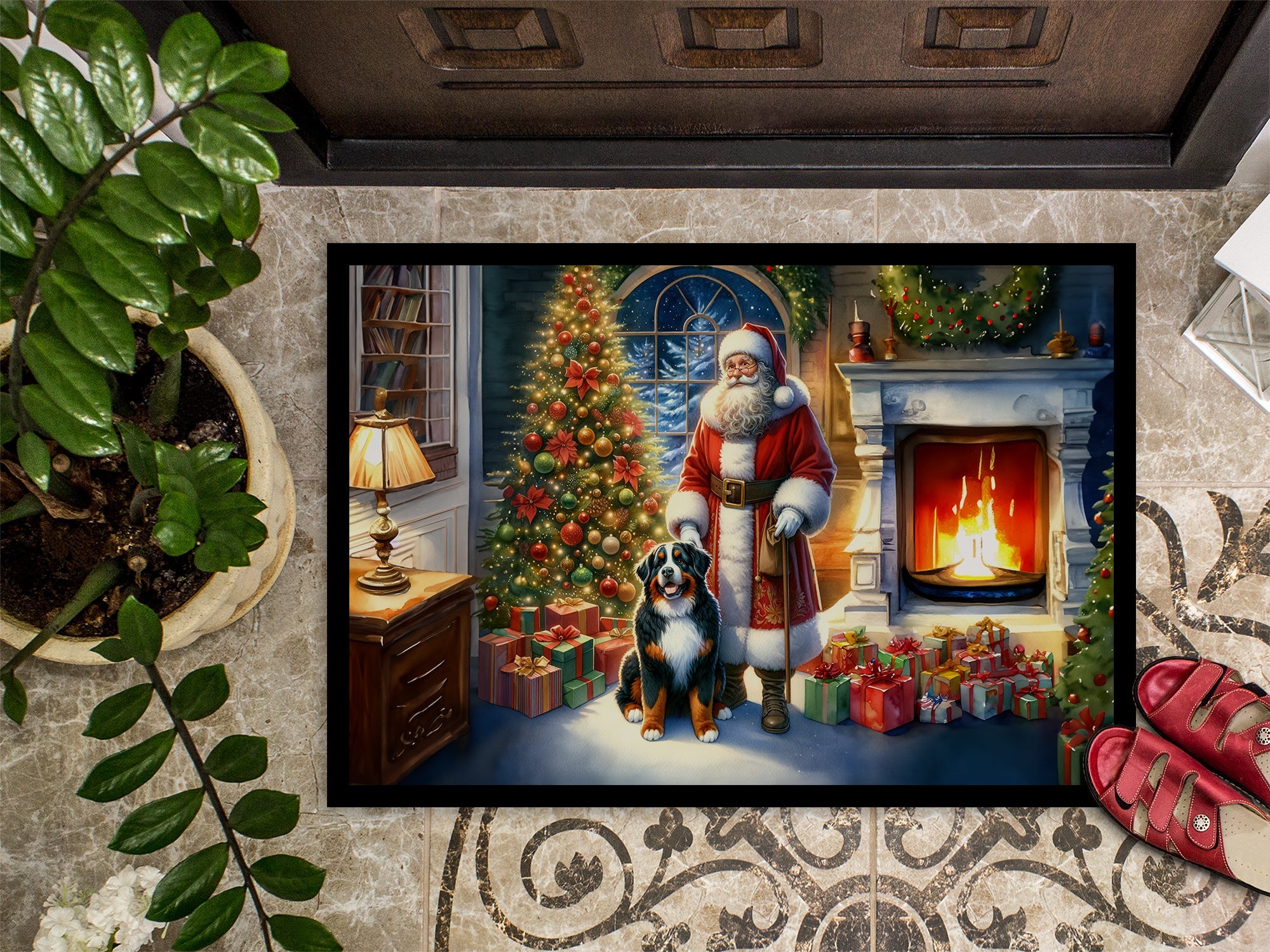 Bernese Mountain Dog and Santa Claus Doormat Indoor Outdoor 18H X 27W Front Door Mat Rugs for Entryway, Non Slip Washable