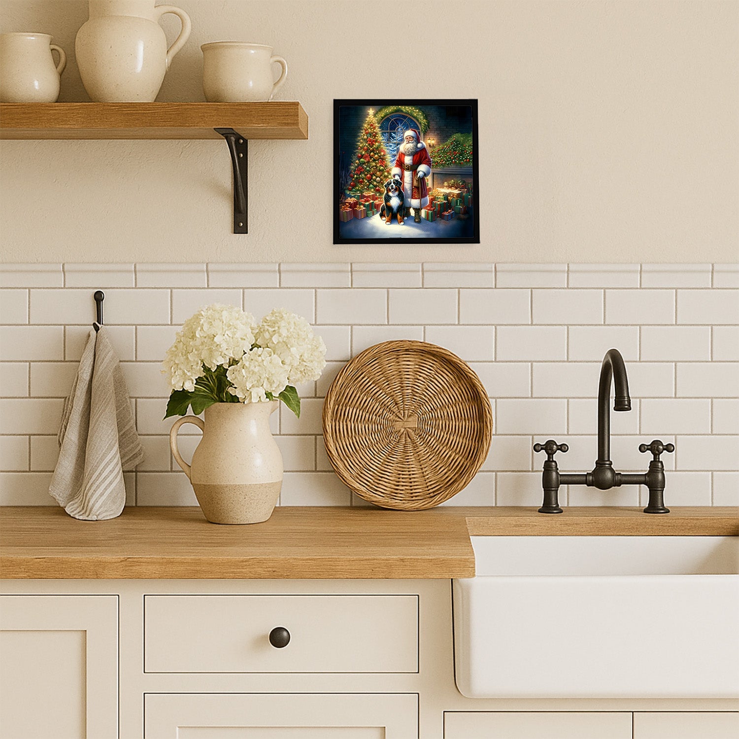 Bernese Mountain Dog and Santa Claus Framed Metal Print Bathroom, Kitchen, Office, Home Decor Wall Art Ready to Hang, Square, 8X8
