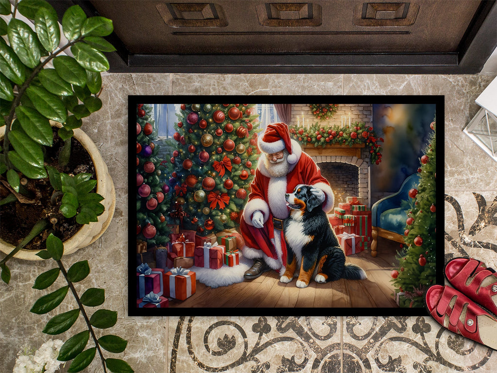 Bernese Mountain Dog and Santa Claus Doormat Indoor Outdoor 18H X 27W Front Door Mat Rugs for Entryway, Non Slip Washable