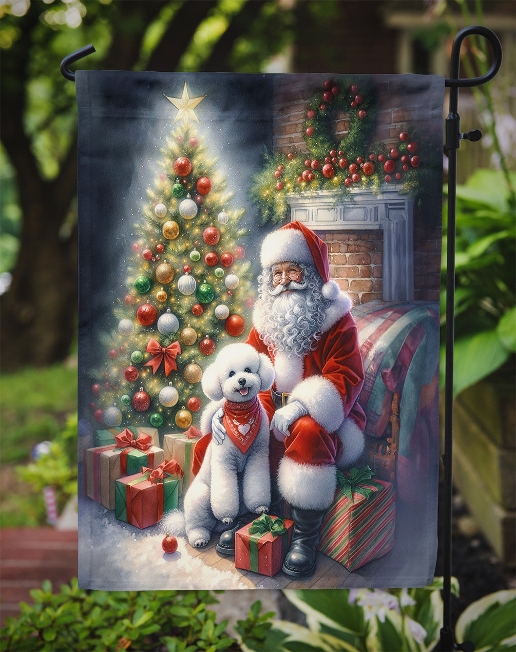 Bichon Frise and Santa Claus Garden Flag Mailbox Decorative Yard Banner Outside Patio Artwork for Flower Beds, Garden Size, Multicolor