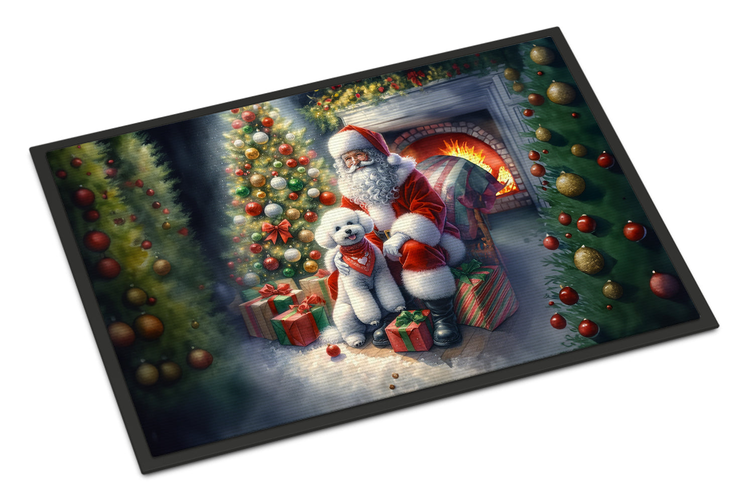 Bichon Frise and Santa Claus Doormat Indoor Outdoor 24H X 36W Front Door Mat Rugs for Entryway, Non Slip Washable Low Pile,