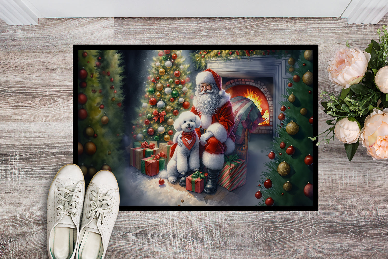 Bichon Frise and Santa Claus Doormat Indoor Outdoor 24H X 36W Front Door Mat Rugs for Entryway, Non Slip Washable Low Pile,